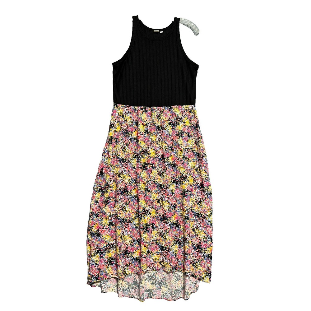 GAP Dress Large Tall Black Floral Maxi Ribbed Halter High Low Boho Chic Casual